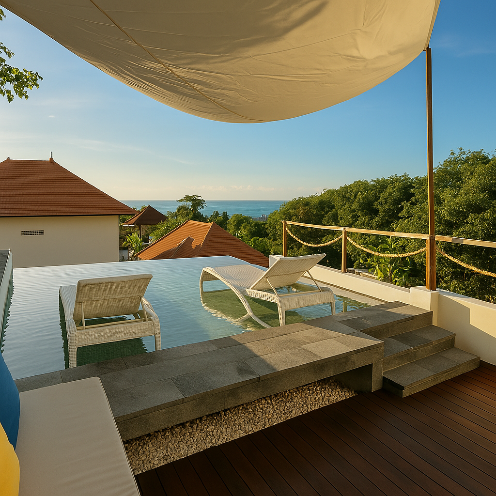 Pool and sea view at The Seaview Penthouse, Bingin